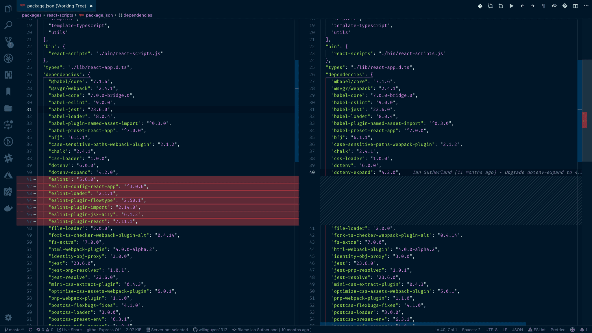 Eslint removal from package.json screenshot